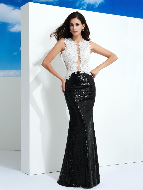 Sheath/Column Scoop Paillette Sleeveless Long Lace Dresses 6384