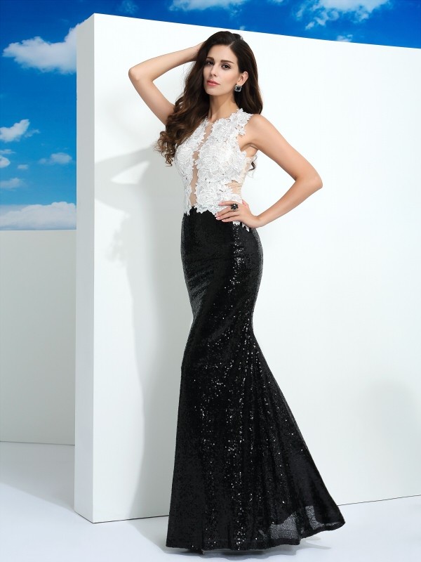 Sheath/Column Scoop Paillette Sleeveless Long Lace Dresses 6384