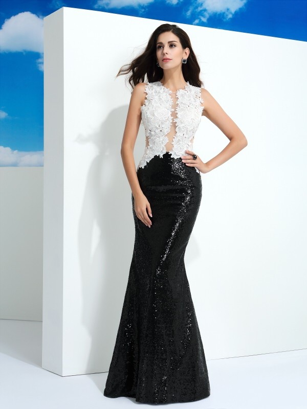 Sheath/Column Scoop Paillette Sleeveless Long Lace Dresses 6384