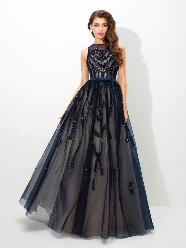 A-Line/Princess Sheer Neck Applique Sleeveless Long Tulle Dresses 4404