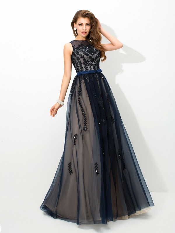 A-Line/Princess Sheer Neck Applique Sleeveless Long Tulle Dresses 4404