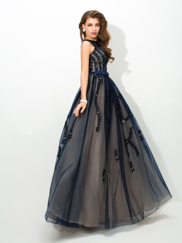 A-Line/Princess Sheer Neck Applique Sleeveless Long Tulle Dresses 4404