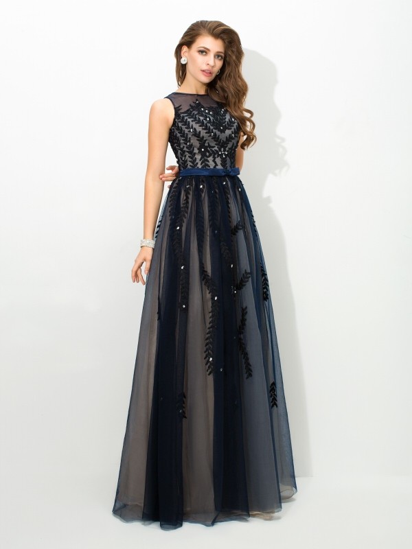 A-Line/Princess Sheer Neck Applique Sleeveless Long Tulle Dresses 4404