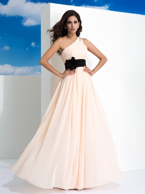 A-Line/Princess One-Shoulder Sash/Ribbon/Belt Sleeveless Long Chiffon Dresses 3873