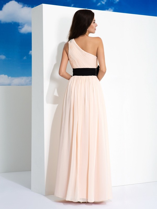 A-Line/Princess One-Shoulder Sash/Ribbon/Belt Sleeveless Long Chiffon Dresses 3873