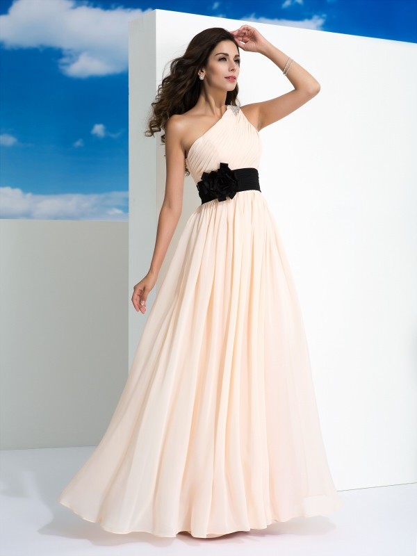 A-Line/Princess One-Shoulder Sash/Ribbon/Belt Sleeveless Long Chiffon Dresses 3873