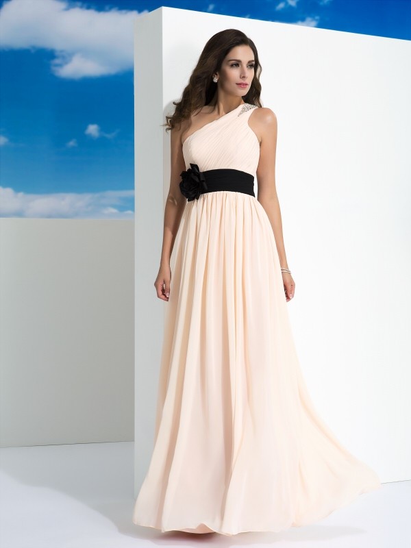 A-Line/Princess One-Shoulder Sash/Ribbon/Belt Sleeveless Long Chiffon Dresses 3873