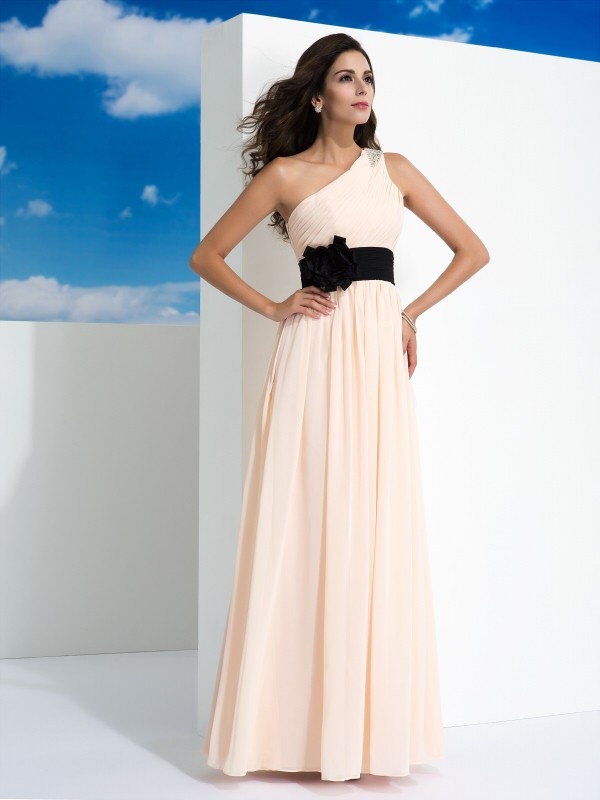 A-Line/Princess One-Shoulder Sash/Ribbon/Belt Sleeveless Long Chiffon Dresses 3873