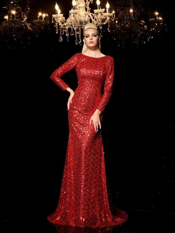 Sheath/Column Scoop Sequin Long Sleeves Long Sequins Dresses 6386