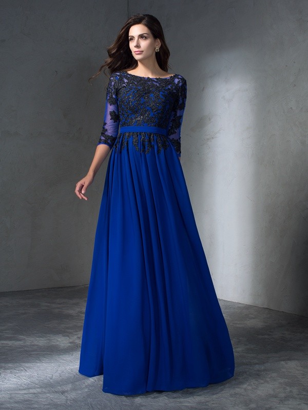 A-Line/Princess Scoop Applique 3/4 Sleeves Long Chiffon Dresses 4266