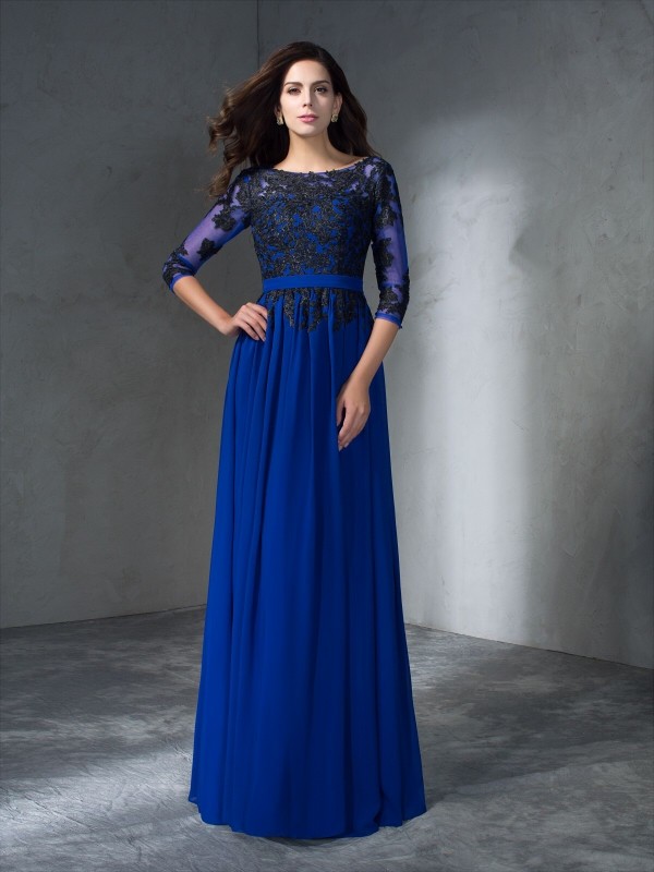 A-Line/Princess Scoop Applique 3/4 Sleeves Long Chiffon Dresses 4266