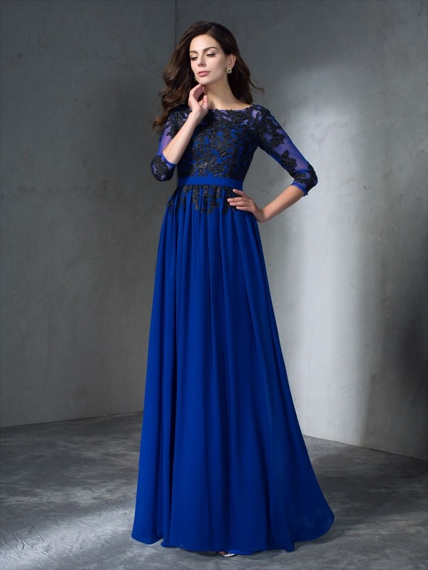 A-Line/Princess Scoop Applique 3/4 Sleeves Long Chiffon Dresses 4266