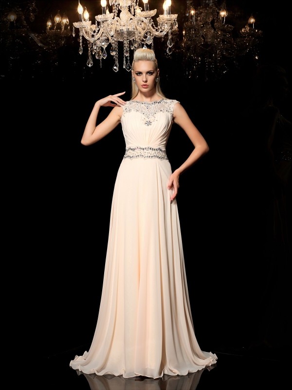 A-Line/Princess Sheer Neck Beading Sleeveless Long Chiffon Dresses 4406