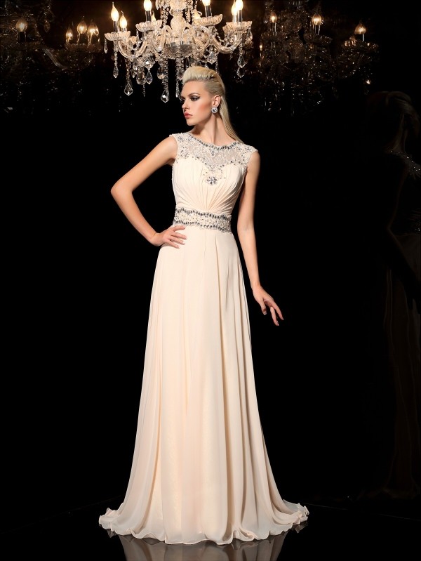 A-Line/Princess Sheer Neck Beading Sleeveless Long Chiffon Dresses 4406