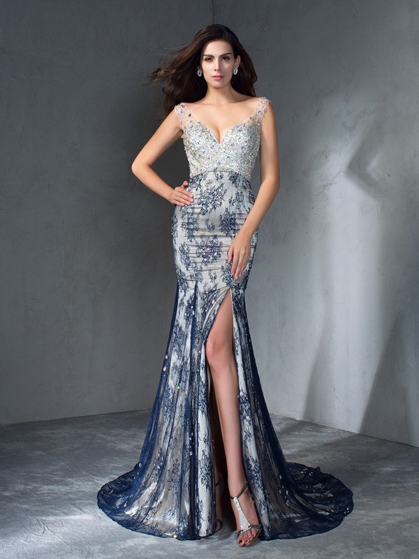 Trumpet/Mermaid V-neck Beading Sleeveless Long Lace Dresses 7579