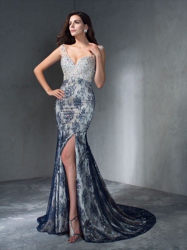 Trumpet/Mermaid V-neck Beading Sleeveless Long Lace Dresses 7579