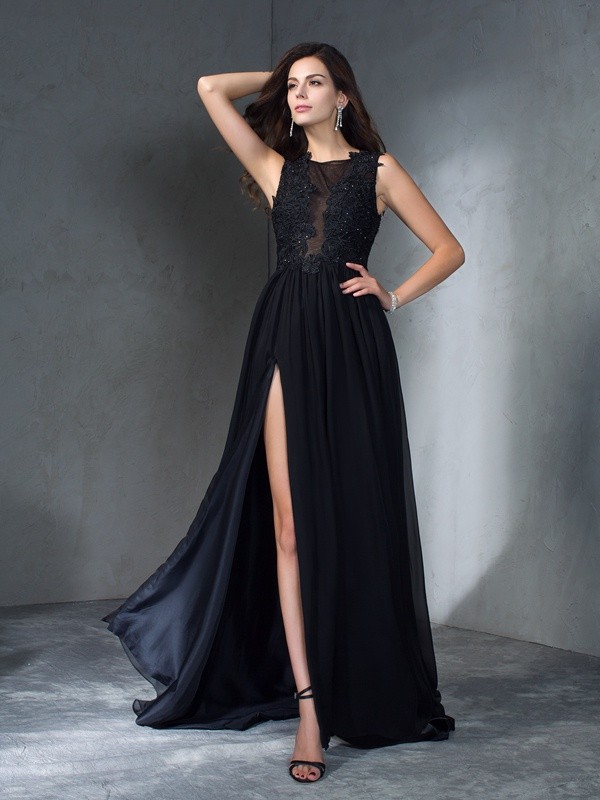 A-Line/Princess Scoop Applique Sleeveless Long Chiffon Dresses 4271