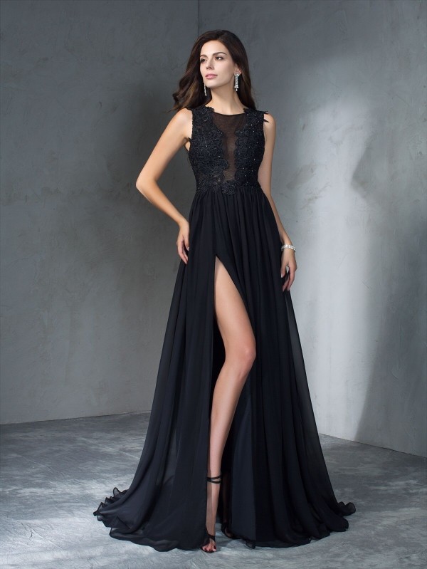 A-Line/Princess Scoop Applique Sleeveless Long Chiffon Dresses 4271