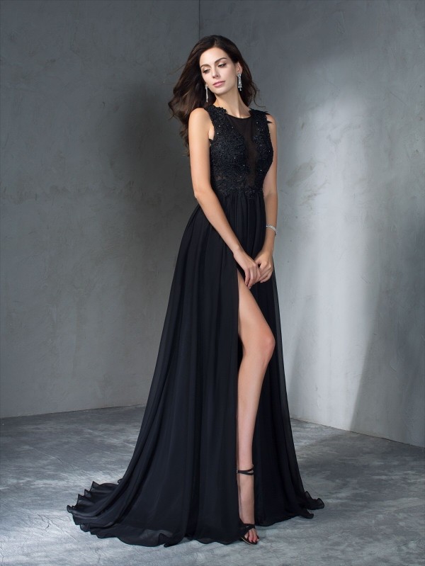 A-Line/Princess Scoop Applique Sleeveless Long Chiffon Dresses 4271