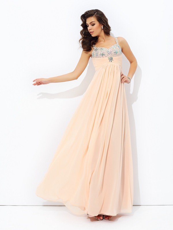 A-line/Princess Spaghetti Straps Beading Sleeveless Long Chiffon Dresses 4685