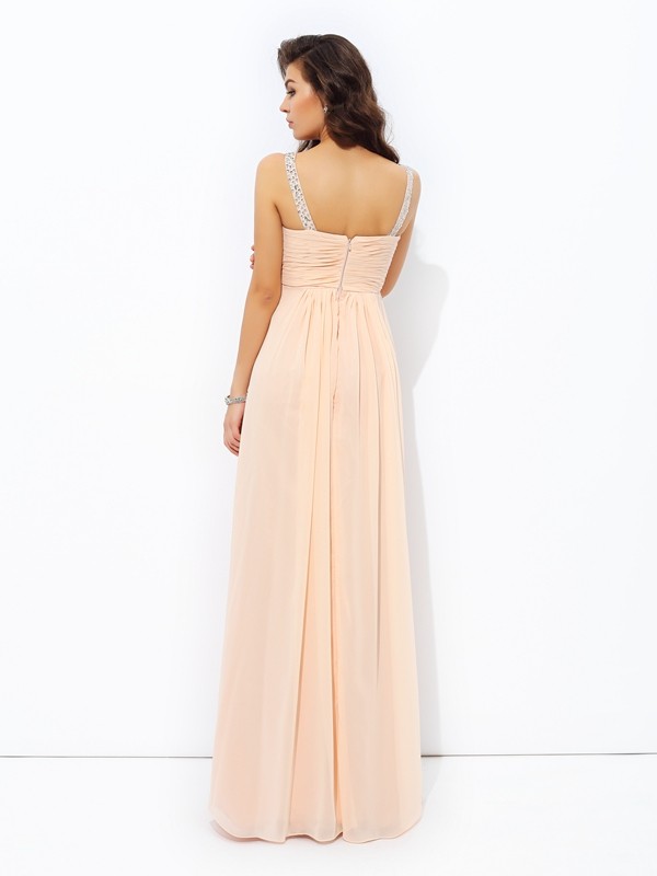 A-line/Princess Spaghetti Straps Beading Sleeveless Long Chiffon Dresses 4685