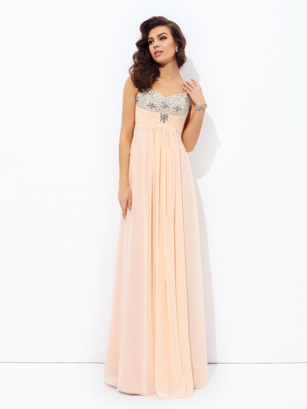 A-line/Princess Spaghetti Straps Beading Sleeveless Long Chiffon Dresses 4685