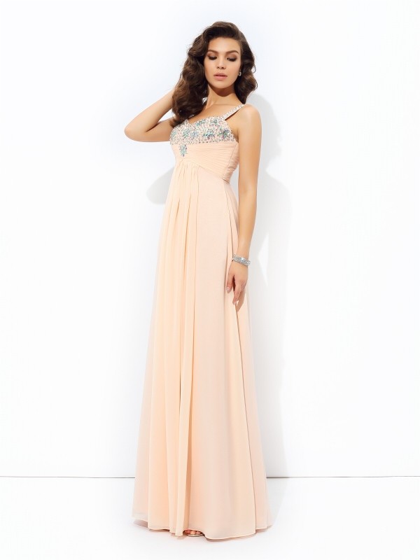 A-line/Princess Spaghetti Straps Beading Sleeveless Long Chiffon Dresses 4685