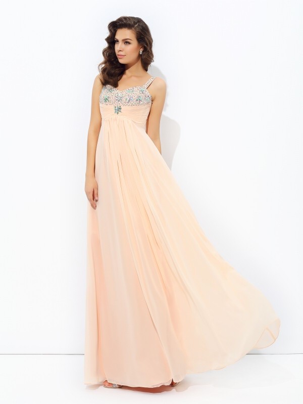 A-line/Princess Spaghetti Straps Beading Sleeveless Long Chiffon Dresses 4685