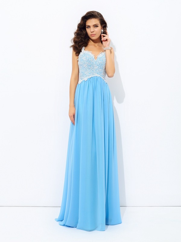 A-Line/Princess V-neck Lace Sleeveless Long Chiffon Dresses 5459