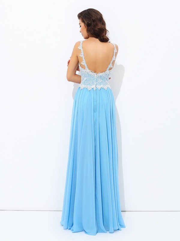 A-Line/Princess V-neck Lace Sleeveless Long Chiffon Dresses 5459