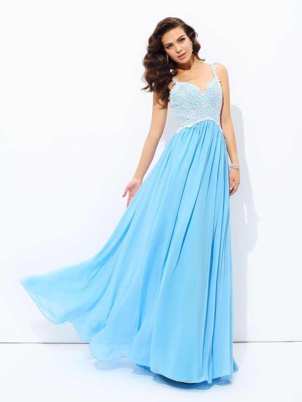 A-Line/Princess V-neck Lace Sleeveless Long Chiffon Dresses 5459