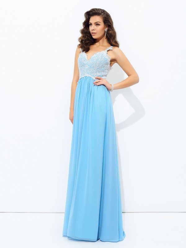 A-Line/Princess V-neck Lace Sleeveless Long Chiffon Dresses 5459