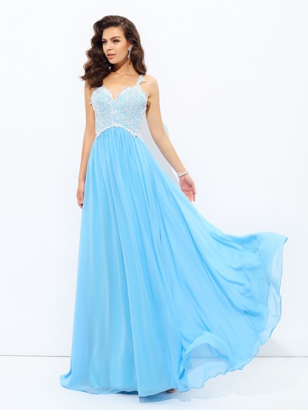 A-Line/Princess V-neck Lace Sleeveless Long Chiffon Dresses 5459