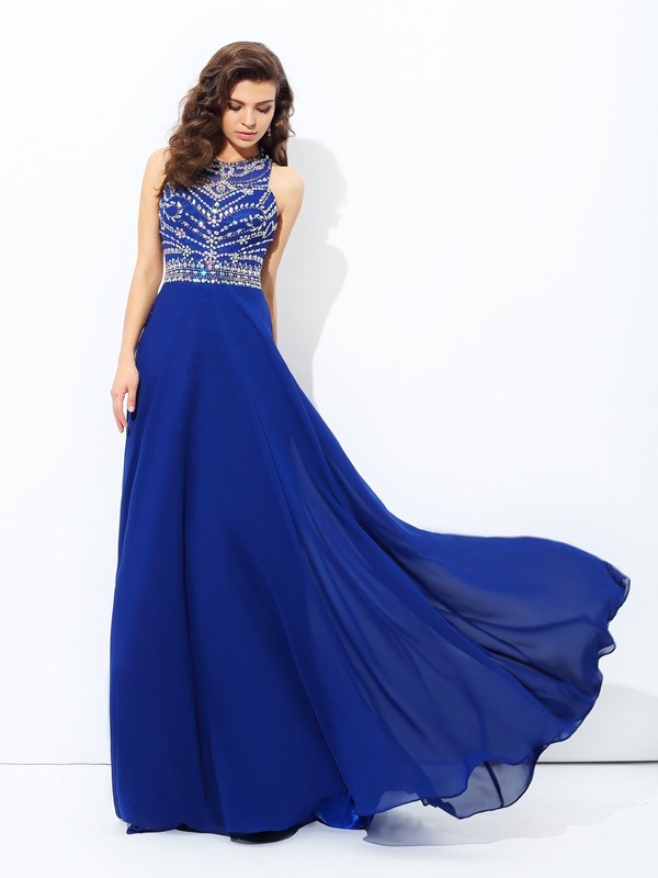 A-line/Princess Scoop Beading Sleeveless Long Chiffon Dresses 4296