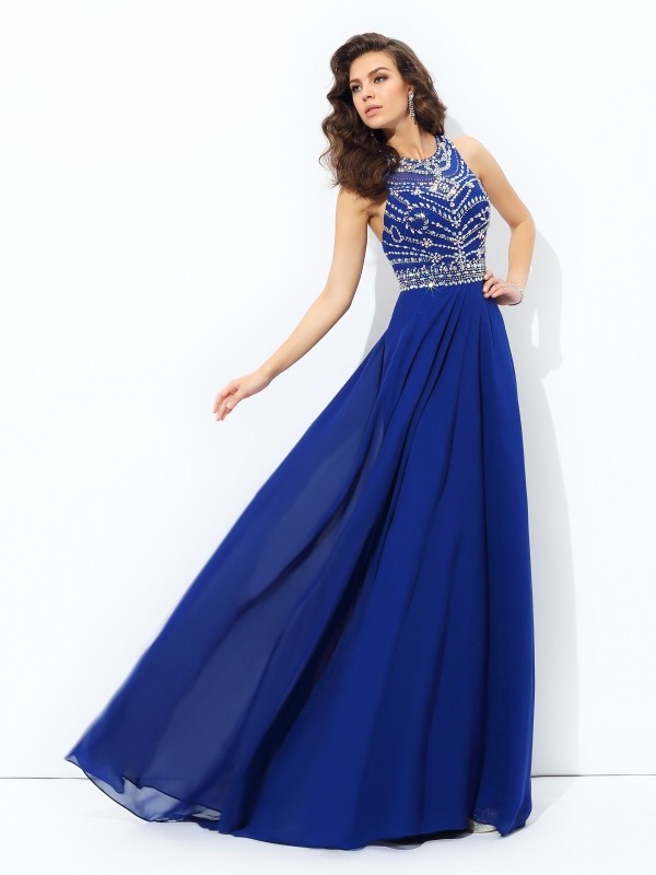 A-line/Princess Scoop Beading Sleeveless Long Chiffon Dresses 4296