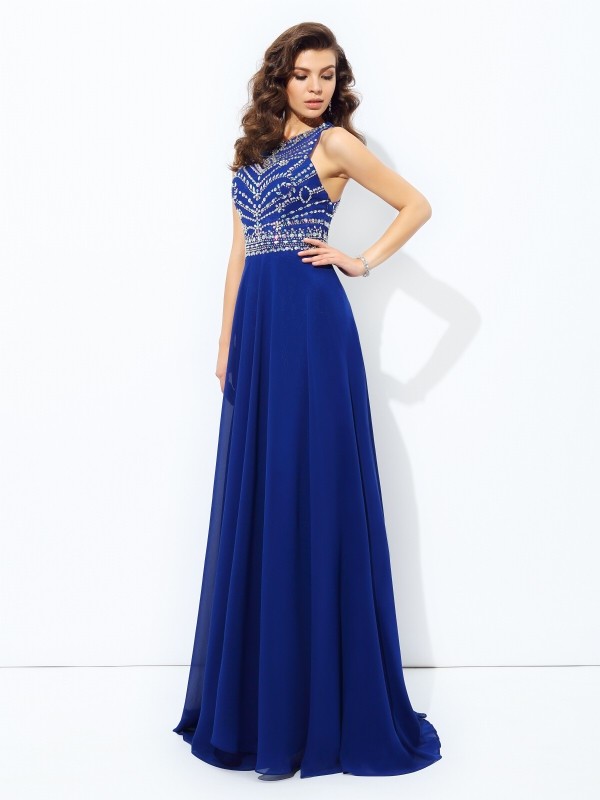 A-line/Princess Scoop Beading Sleeveless Long Chiffon Dresses 4296