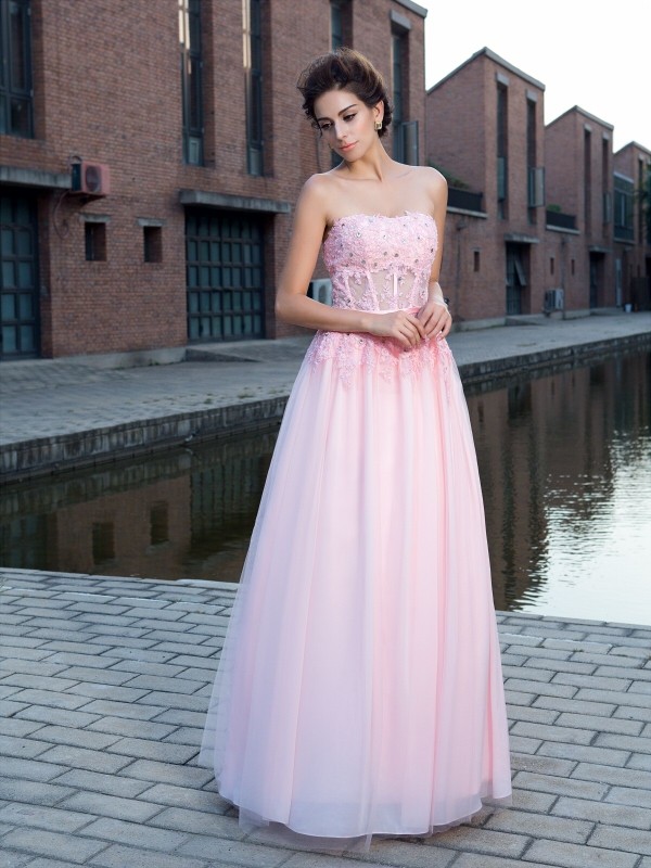 A-Line/Princess Straps Applique Sleeveless Long Net Dresses 4803