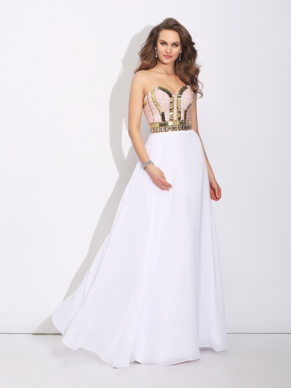 A-Line/Princess Sweetheart Beading Sleeveless Long Chiffon Dresses 4945