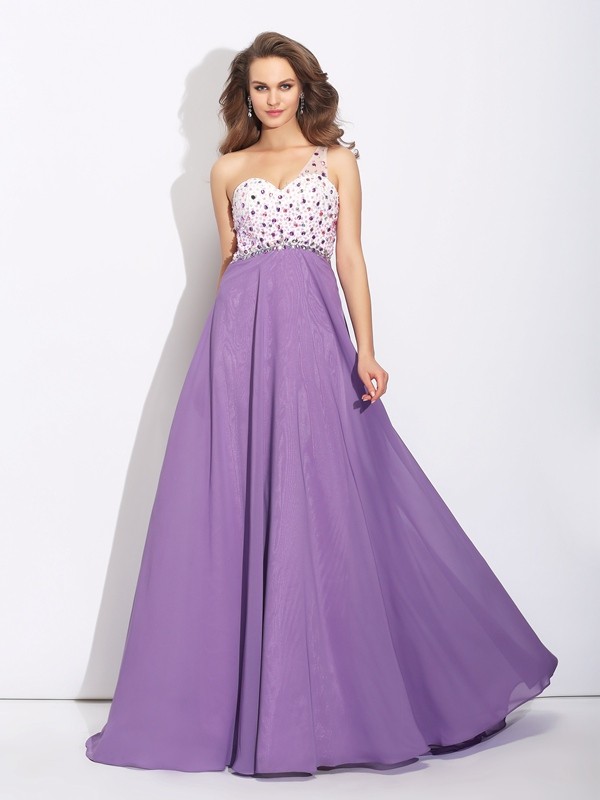 A-Line/Princess One-Shoulder Crystal Sleeveless Long Chiffon Dresses 3858