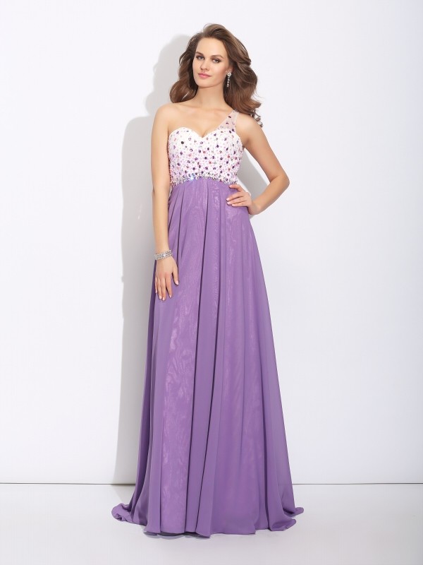 A-Line/Princess One-Shoulder Crystal Sleeveless Long Chiffon Dresses 3858