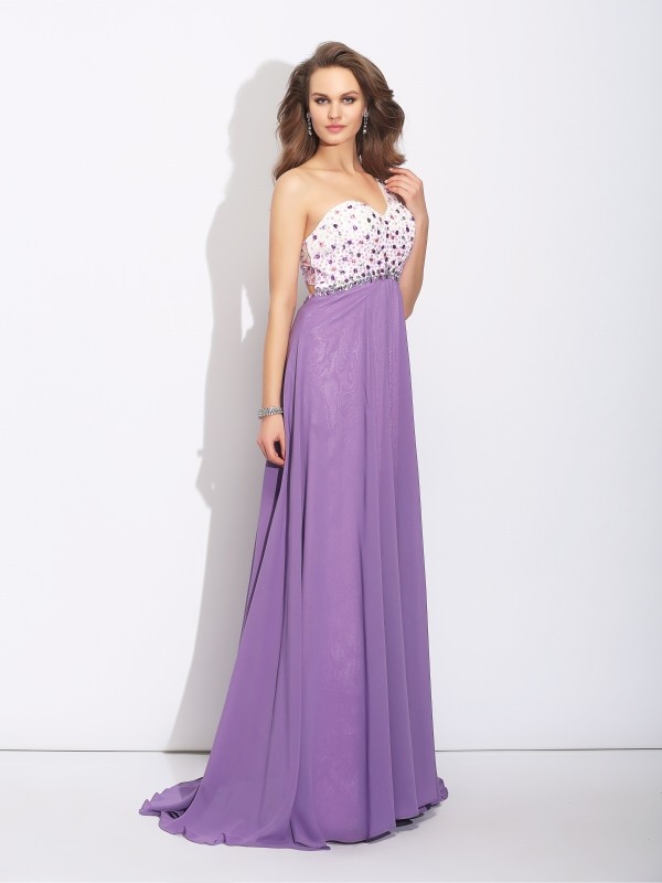 A-Line/Princess One-Shoulder Crystal Sleeveless Long Chiffon Dresses 3858