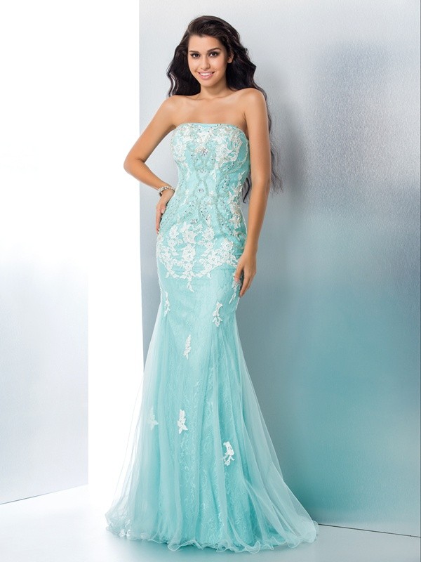 Trumpet/Mermaid Strapless Applique Sleeveless Long Lace Dresses 7406