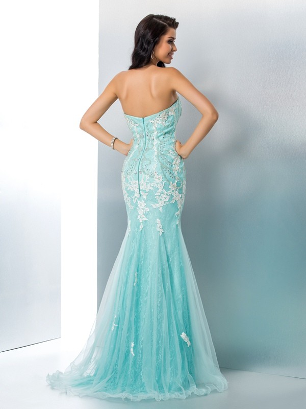 Trumpet/Mermaid Strapless Applique Sleeveless Long Lace Dresses 7406