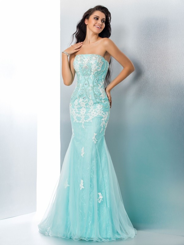 Trumpet/Mermaid Strapless Applique Sleeveless Long Lace Dresses 7406