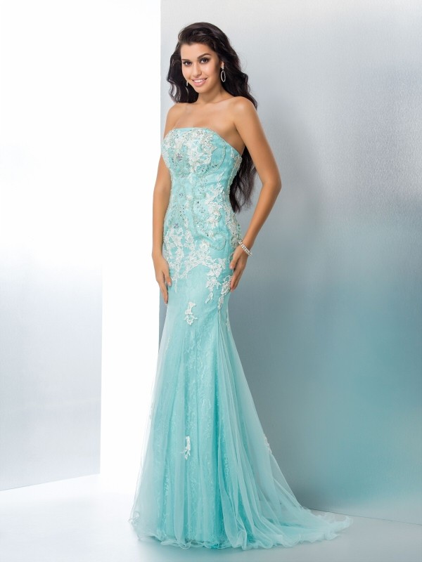 Trumpet/Mermaid Strapless Applique Sleeveless Long Lace Dresses 7406