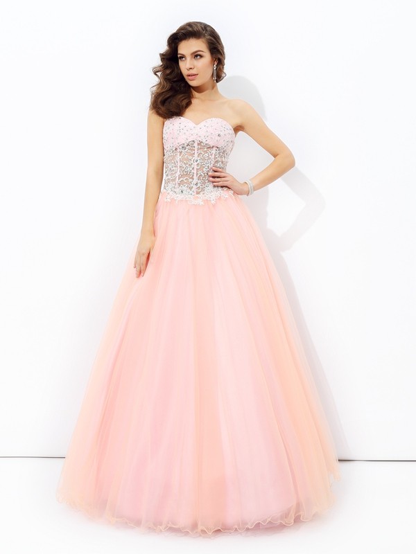 A-line/Princess Sweetheart Lace Sleeveless Long Net Dresses 4976