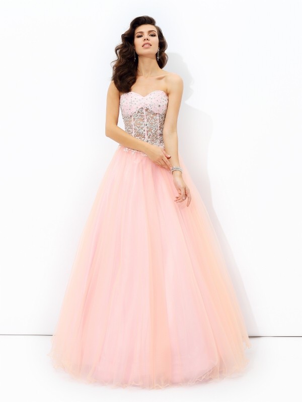 A-line/Princess Sweetheart Lace Sleeveless Long Net Dresses 4976