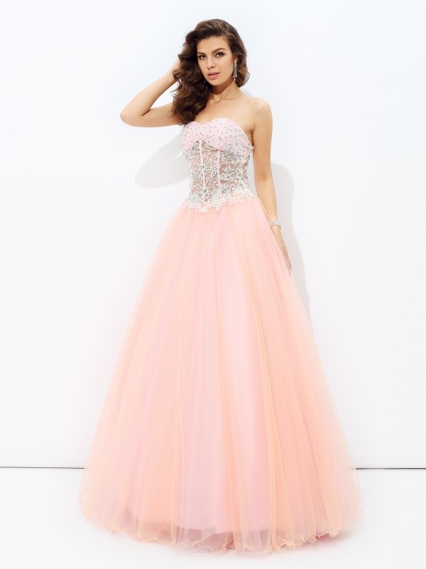 A-line/Princess Sweetheart Lace Sleeveless Long Net Dresses 4976