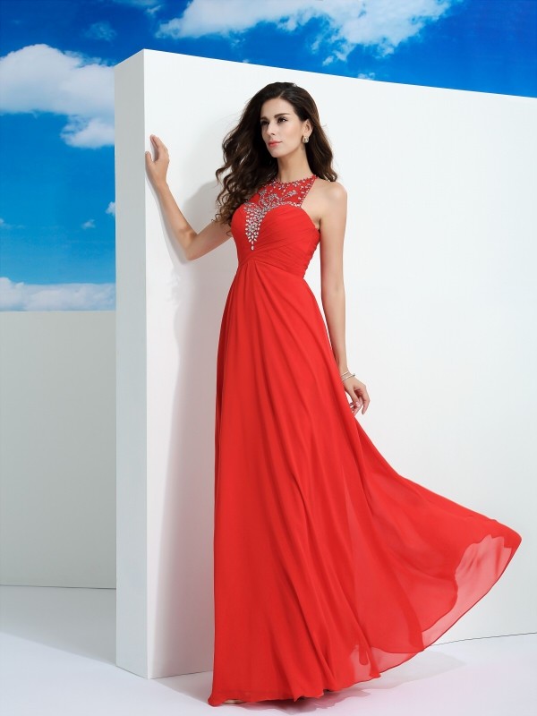 A-Line/Princess Sheer Neck Beading Sleeveless Long Chiffon Dresses 4407