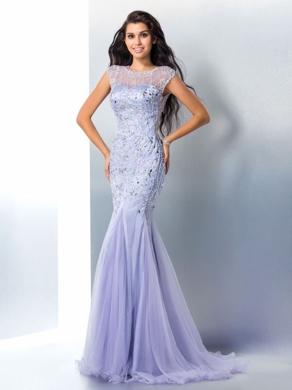 Trumpet/Mermaid Sheer Neck Beading Sleeveless Long Satin Dresses 7291